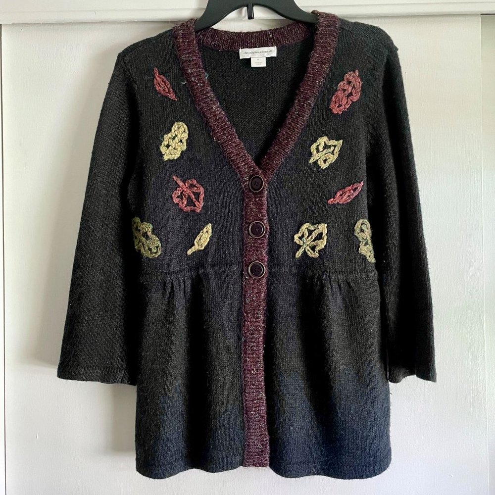 Christopher & Banks Button  Peplum Cardigan Fall Sweater M Embroidered Leaves